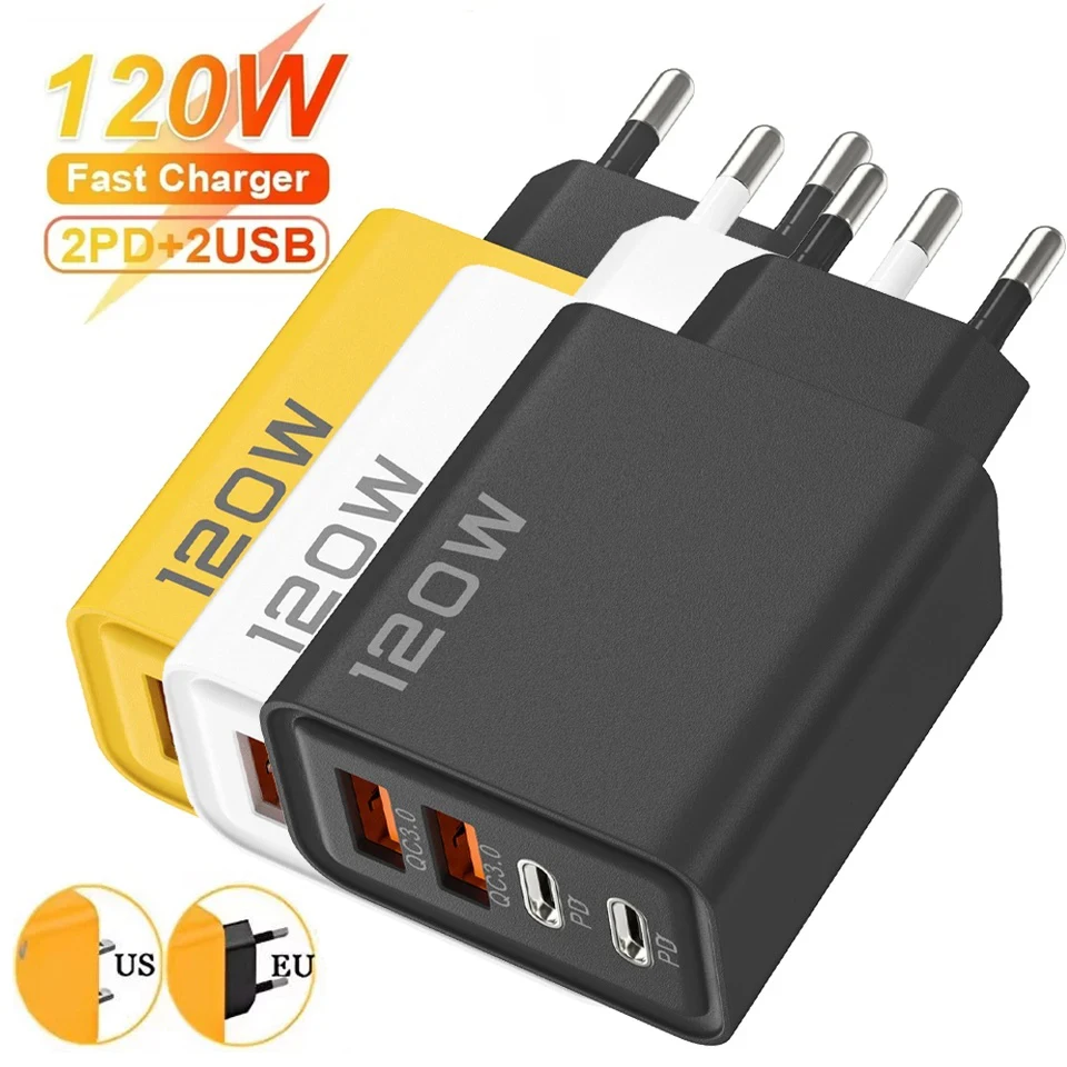 Quick Charge 3.0 Fast Charger Muti Total 120W 4 Port USB Type C PD Mobile Phone Wall Adapter for iPhone 16 Samsung S24 Xiaomi 15