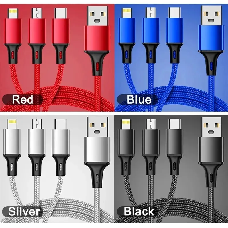 1/3pcs Lovebay 3 In 1 USB Fast Charging Cable Type C Micro IOS Multi Charger Cable for iPhone Huawei Samsung Nylon Braided Cord