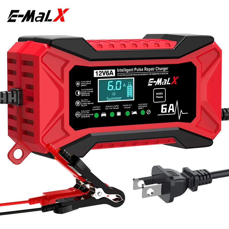 12V 6A Car Battery Charger 14.6V LiFePO4 Pulse Repair Smart Fast Charger for AGM GEL Lead-Acid Auto Motorcycle